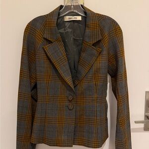 Charlotte knowles Gray and Brown Plaid Women's Wool Blazer